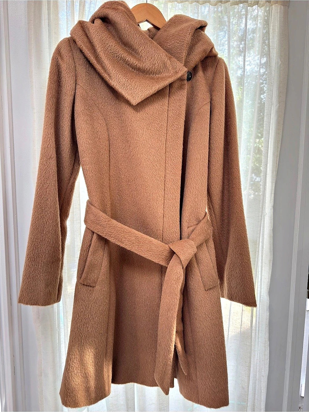 Cole Haan Women's Belted Asymmetrical Zip Front Twill wool Coat Brown Like New 6